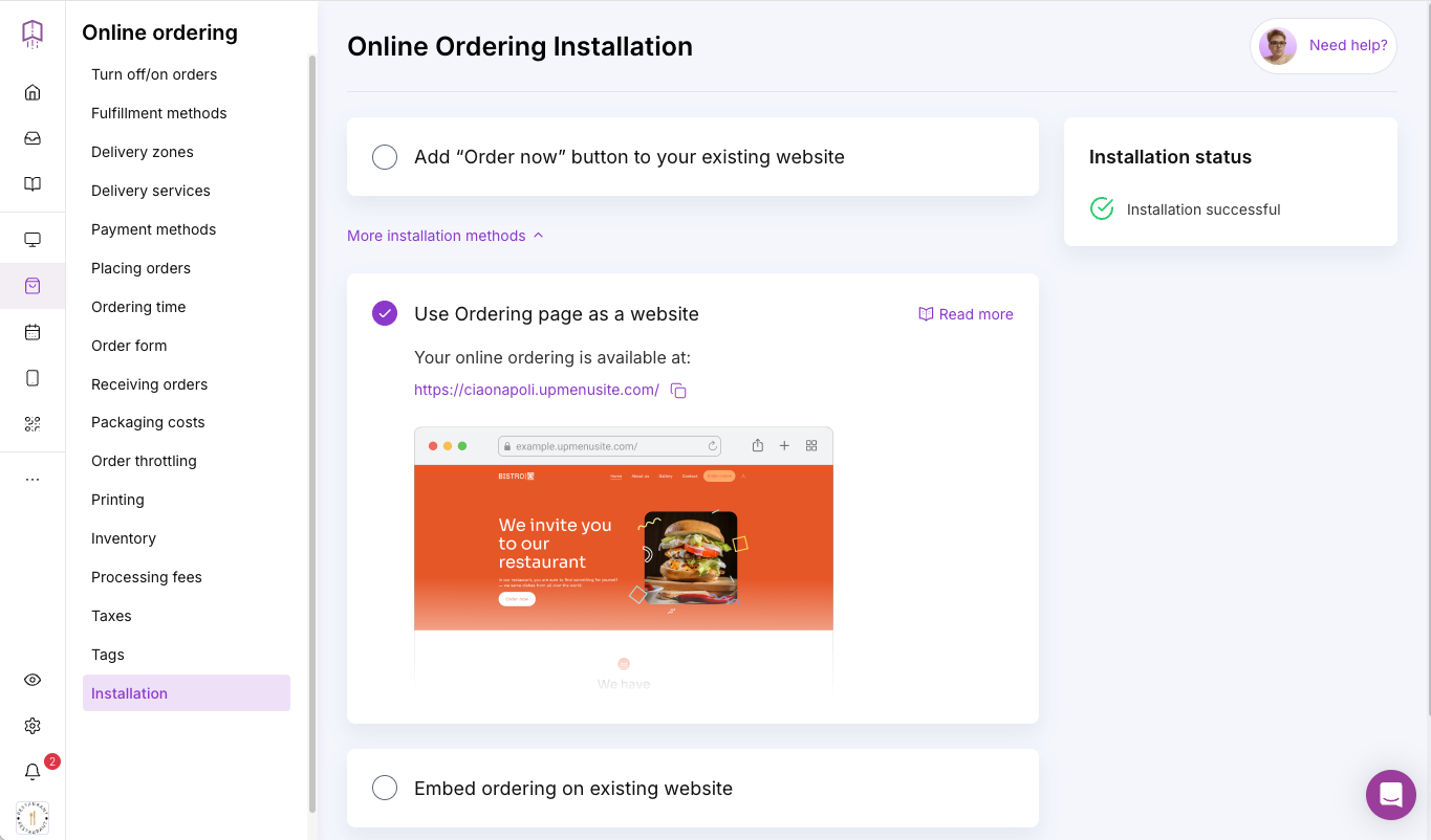 Setting up online ordering installation in UpMenu Dashboard