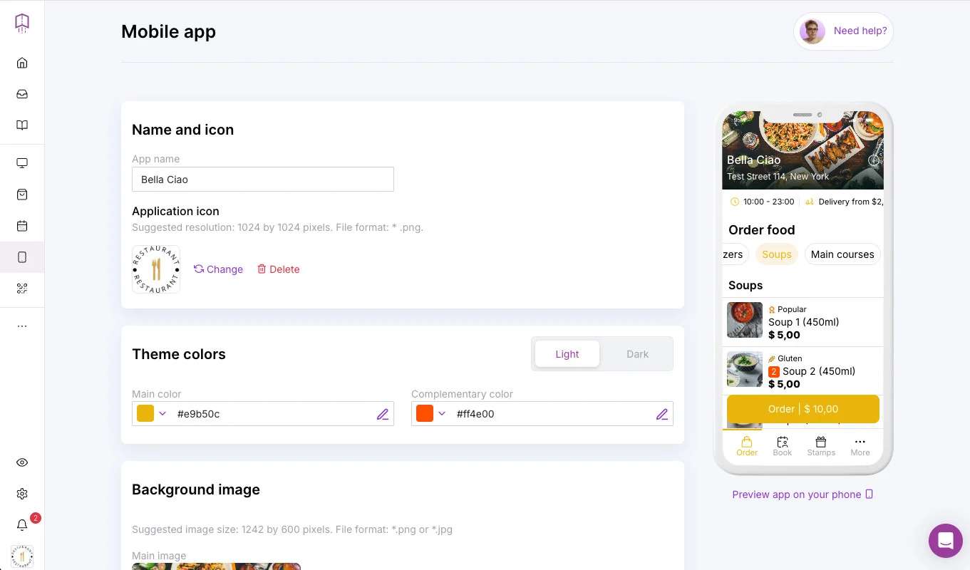 Setting up mobile app in UpMenu Dashboard