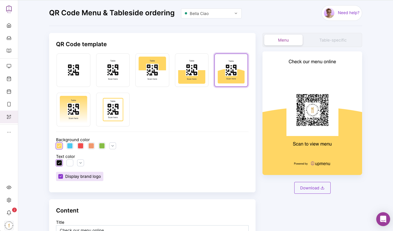 Setting up QR Code Menu in UpMenu Dashboard