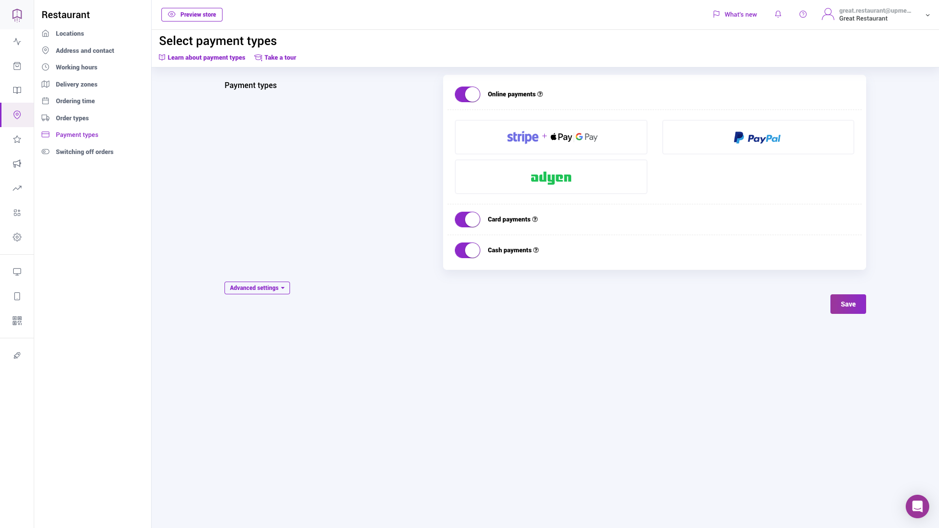 Payments configuration in UpMenu