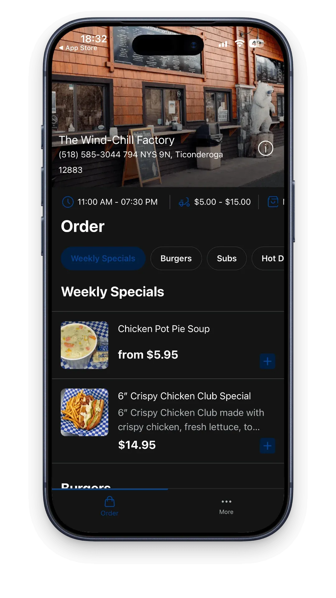 Branded restaurant mobile app screen