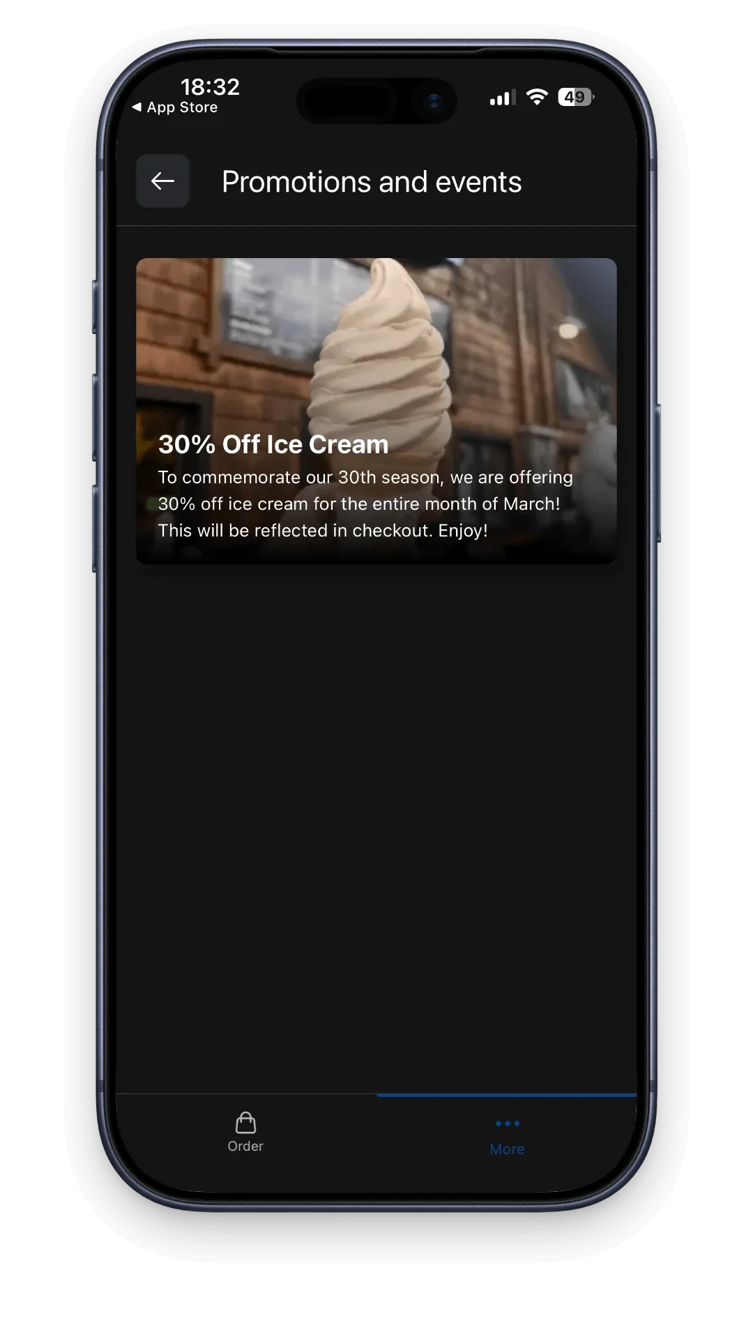 Branded restaurant mobile app ordering screen