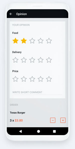 Customer ratings and reviews in app for restaurant- example of rating screen