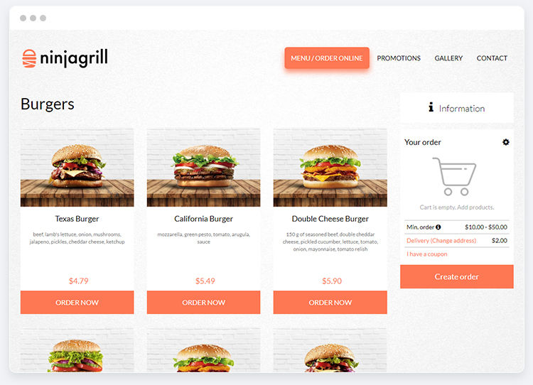 Online Menu with multiple burgers choice present on restaurant website