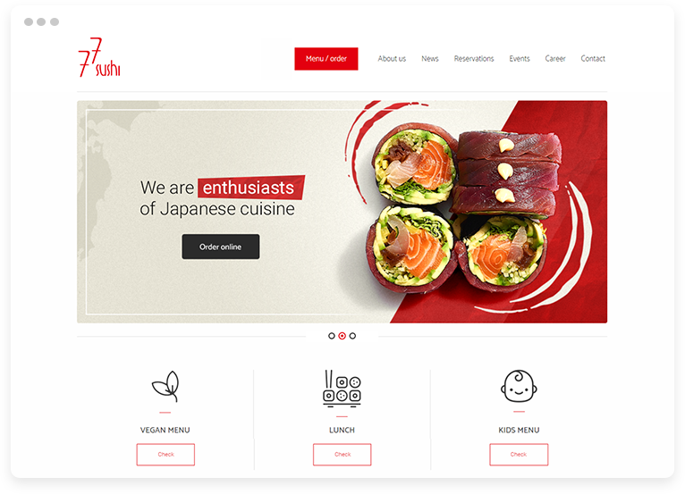 77sushi website prepared within best restaurant website builder from UpMenu