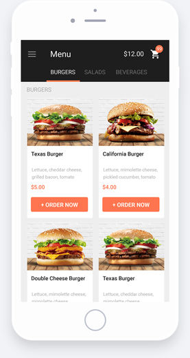 Interactive menu for burger ordering on mobile app for Ninjagrill restaurant
