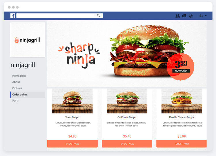 Social page of Ninjagrill with Facebook ordering feature thanks to UpMenu ordering system