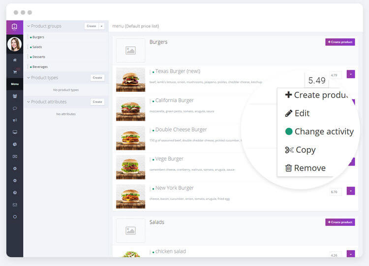 Screen of menu layout customization panel in digital ordering software