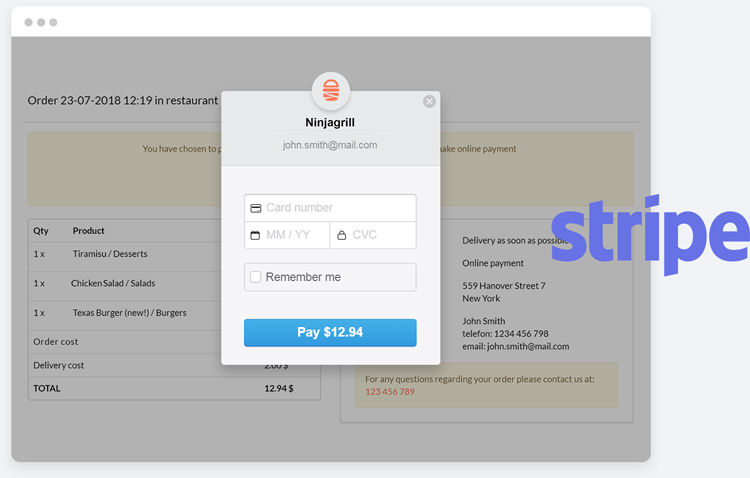 online catering order system with Stripe payments
