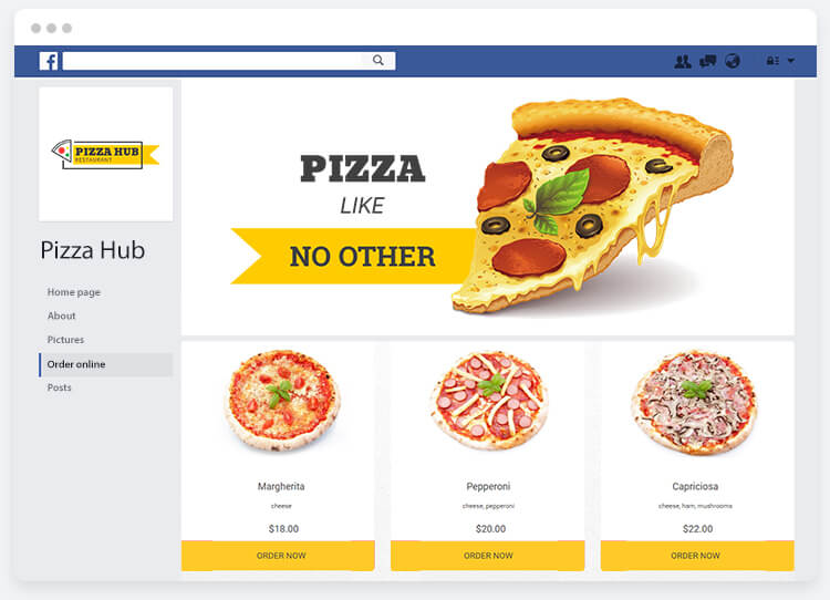 Facebook page with restaurant menu integrated thank to UpMenu online ordering system