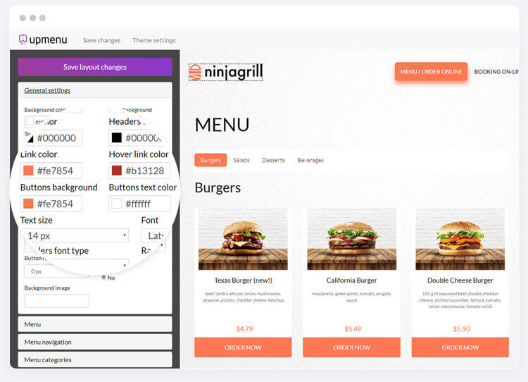 Website builder restaurant website customization panel in UpMenu