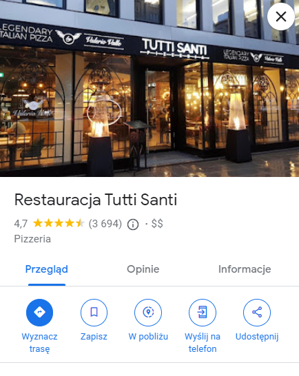 marketing restauracji - wizytowka restauracji google