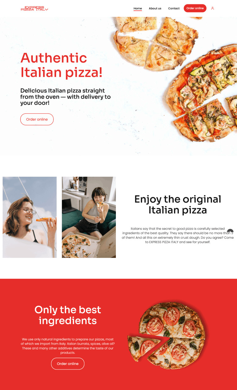 An example of a restaurant page for pizzerias