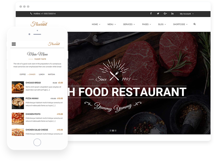 Presentation of Restaurant WordPress Theme on desktop and mobile devices