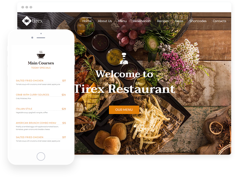Presentation of Restaurant WordPress Theme on desktop and mobile devices