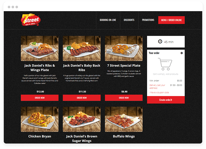 one page restaurant website for grill bar