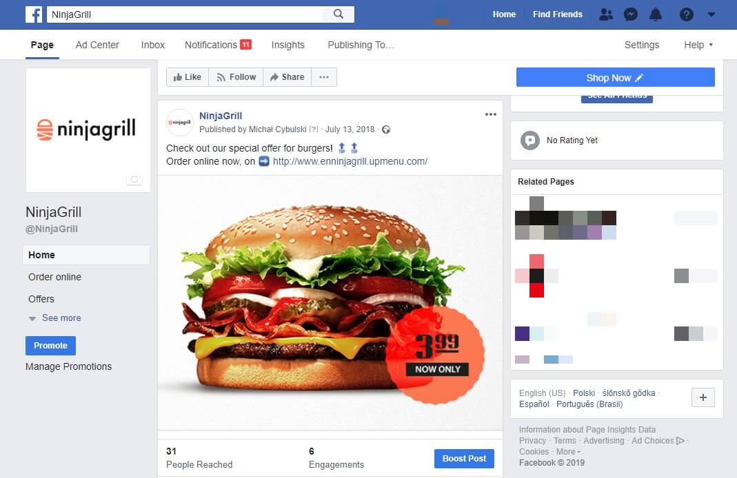 Facebook page for restaurant - social media platform for masses