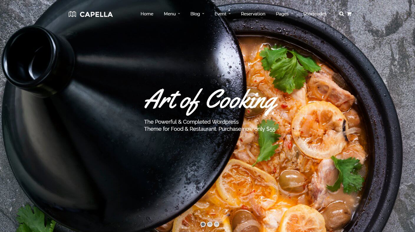 Main page of website created with one of the best restaurant WordPress templates