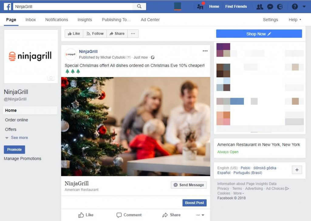Facebook page for restaurant promotion during holidays