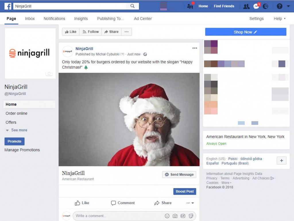 Facebook page with promotion post for Christmas
