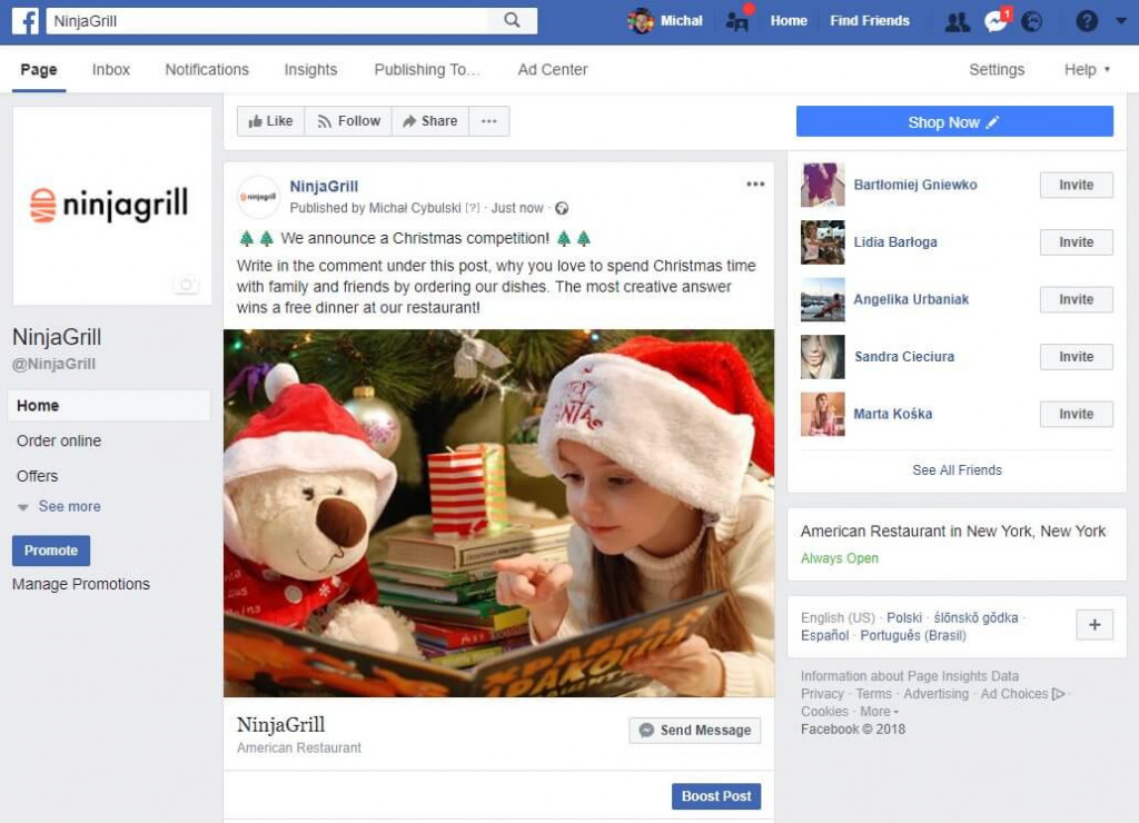 Facebook page with content regarding Holiday promotions