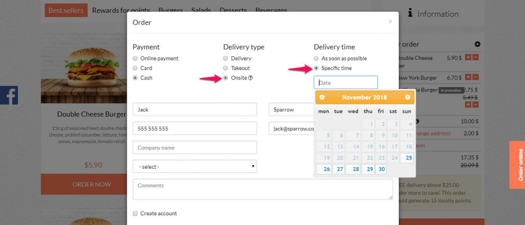 Pre-ordering system on restaurant website