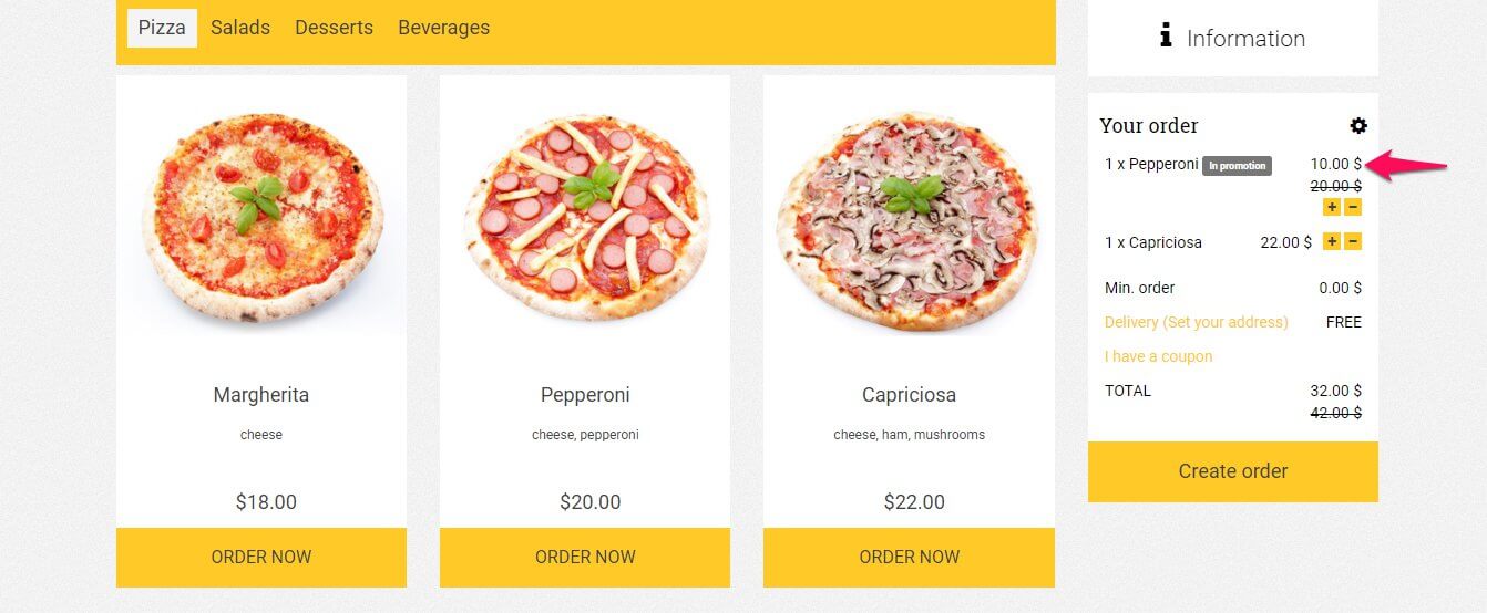 Pizzeria restaurant website integrated with promotion engine.