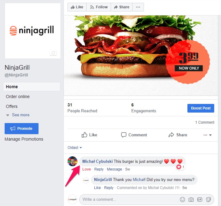 Customer feedback on restaurant Facebook page.