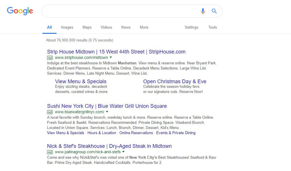 SERP page for Holidays