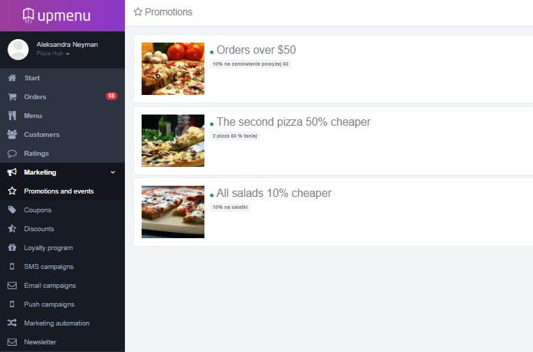 Promotion engine in online ordering system panel.