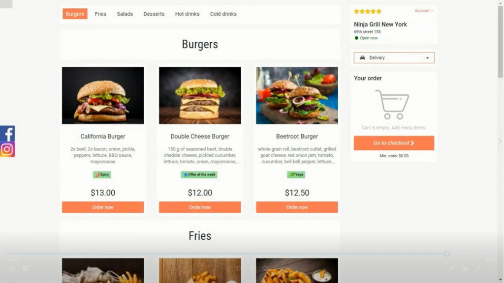 Menu of UpMenu online ordering system