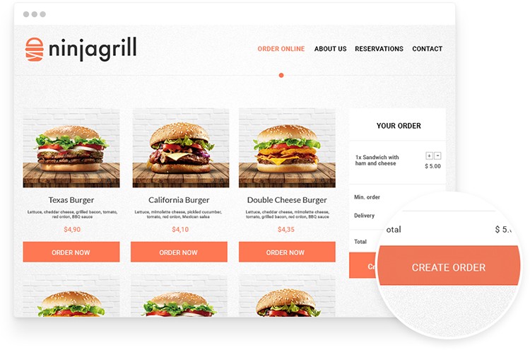 Online ordering on the website for burger restaurant.