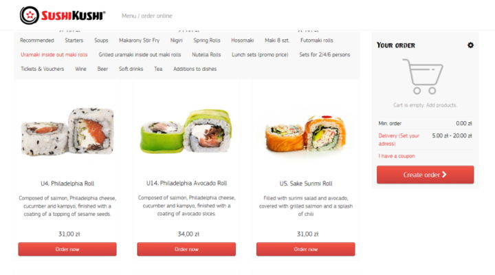 Sushi ordering system on restaurant website with sushi photos and red "order" buttons.