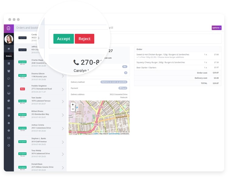 Order reciving dashboard in online ordering system