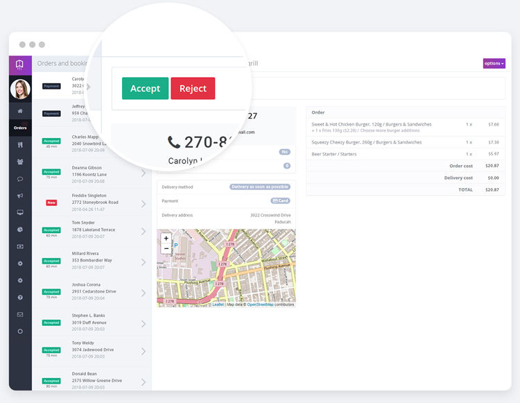 order handling panel in waiter ordering app