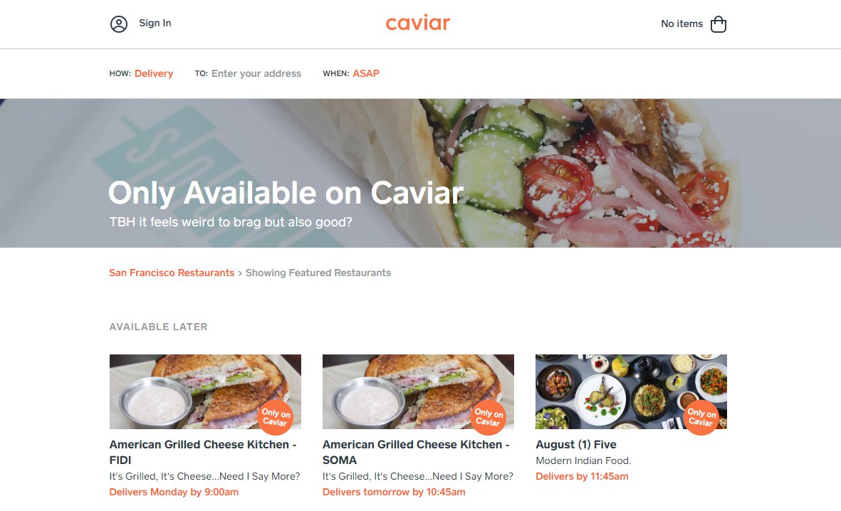 Caviar online ordering platgorm homepage.
