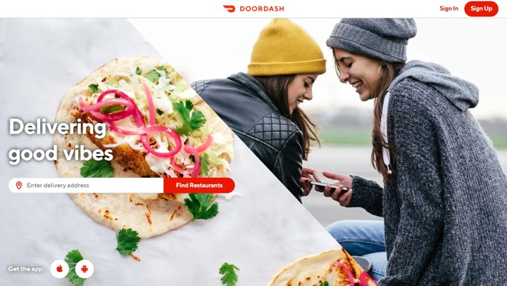 DoorDash online ordering platgorm homepage.