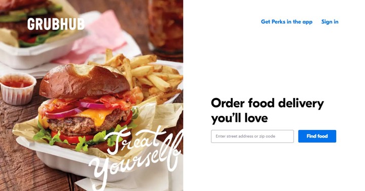 GrubHub online ordering platrofm homepage.