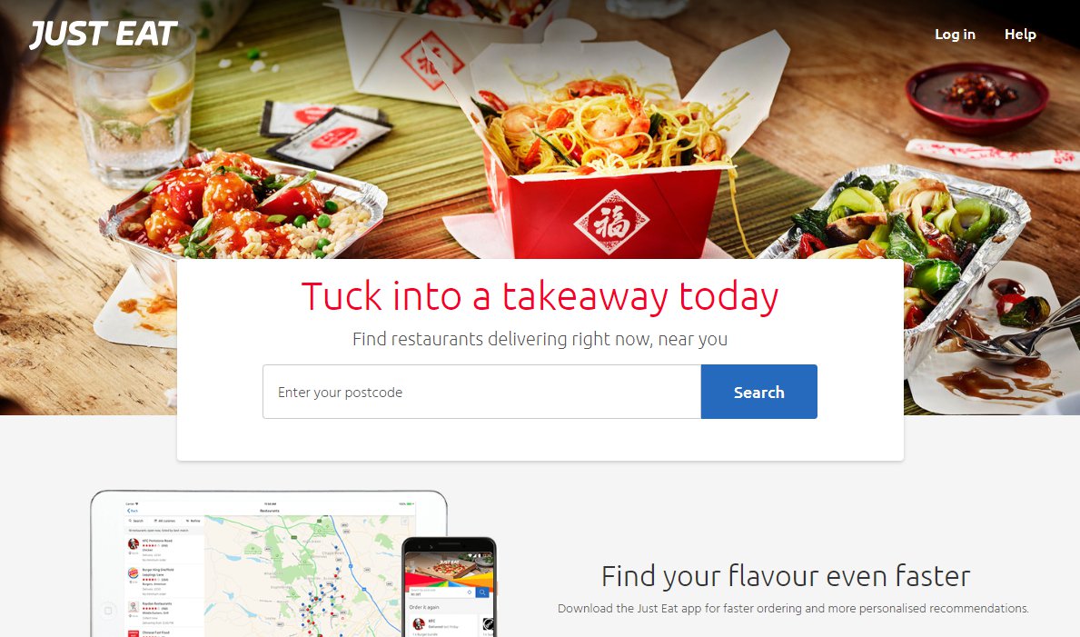 Just Eat online ordering platgorm homepage.