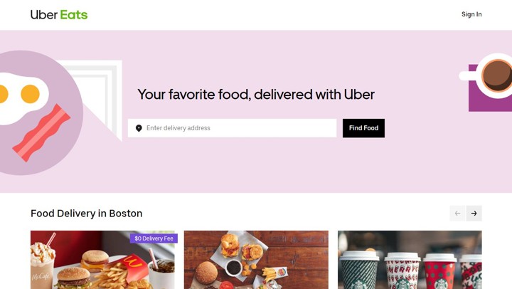 Uber Eats online ordering platgorm homepage.