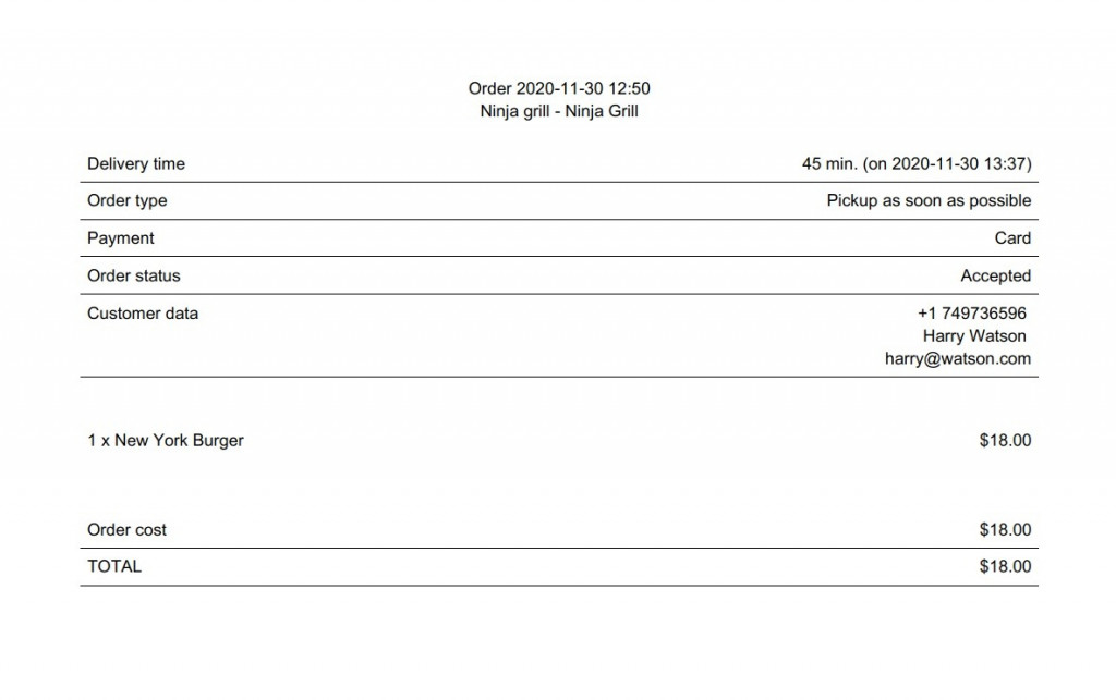 Printed receipt with usage of UpMenu system