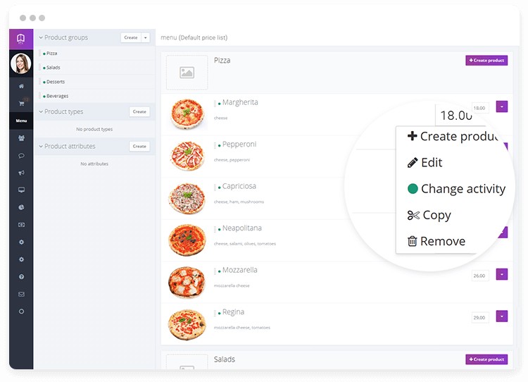 UpMenu dashboard screen with menu editing, online navigation ordering system and pizza photos.