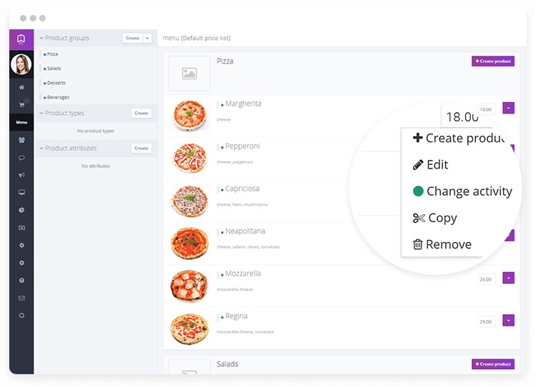 Menu management dashboard in online pizza ordering system.