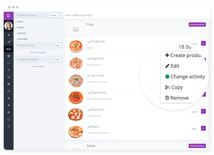 Menu items settings panel 