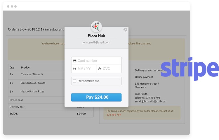 Screen of Stripe payment method implemented in UpMenu online ordering system