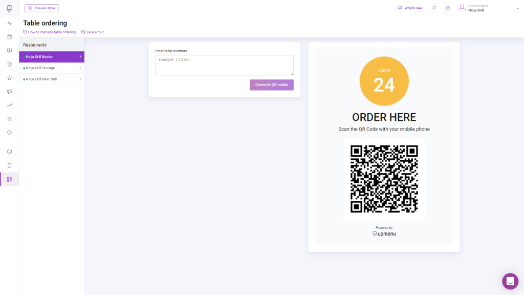 UpMenu table ordering feature