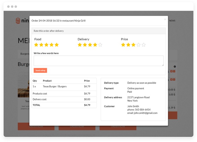 Customer feedback system in UpMenu automatic online ordering system.