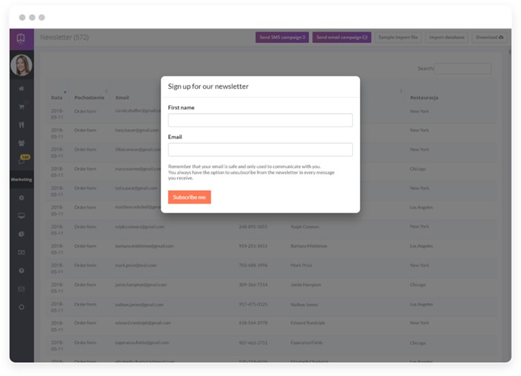 Newsletter sign up form in an automated restaurant ordering system.