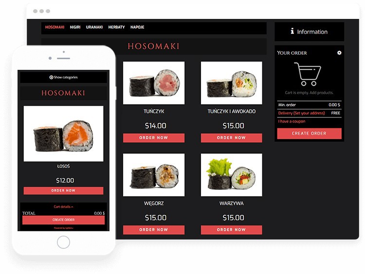 Online food ordering system on sushi restaurant website.