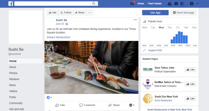 Sushi restaurant Facebook page with a view of one of the posts with a photo of a woman eating sushi.